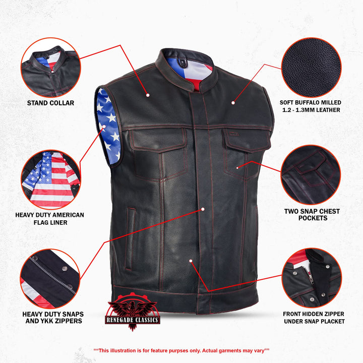 Mens's Leather Motorcycle Vest with Scoop Collar & USA Flag