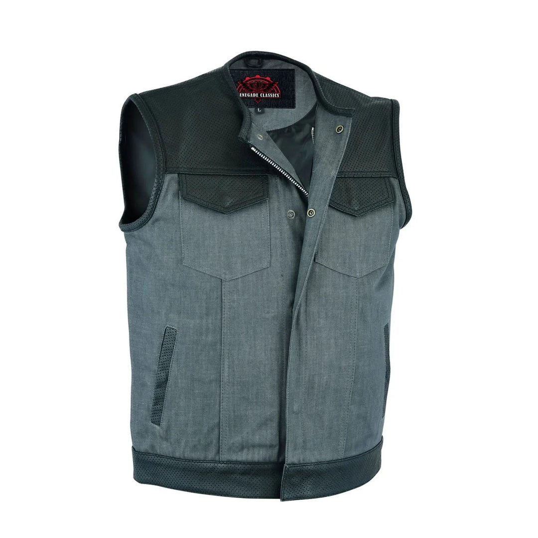 Edgeway Men's Leather & Denim Combo Motorcycle Vest (Black/Ash Gray)