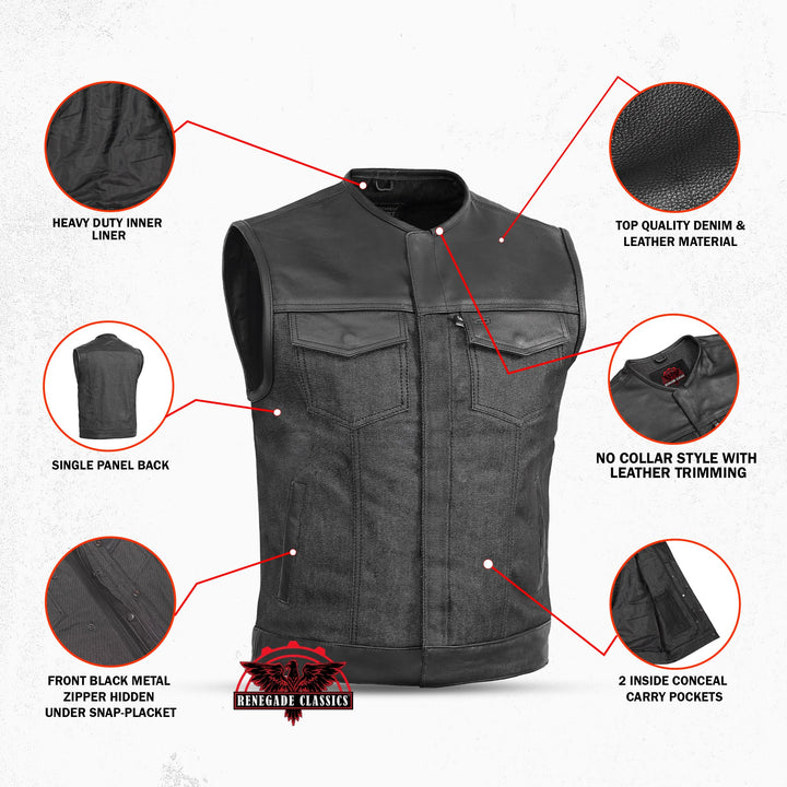 Blackfusion Men's Leather-Denim Combo Motorcycle Vest