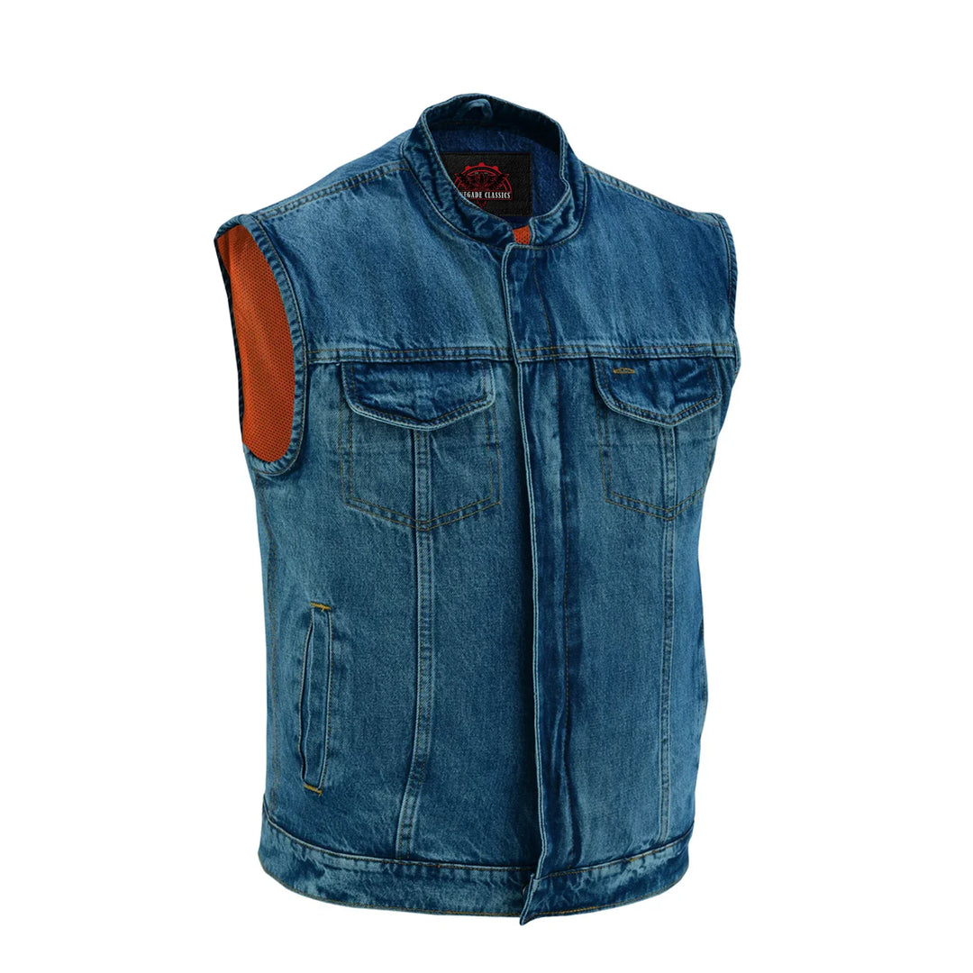 DM Men's Blue Denim Motorcycle Vest with Lace & Pockets