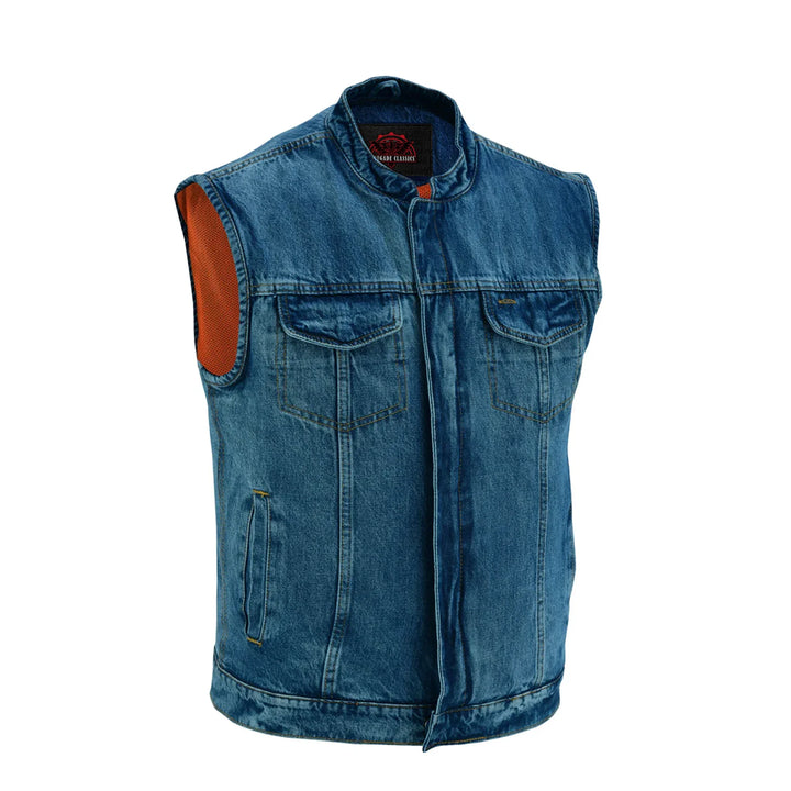DM Men's Blue Denim Motorcycle Vest with Lace & Pockets