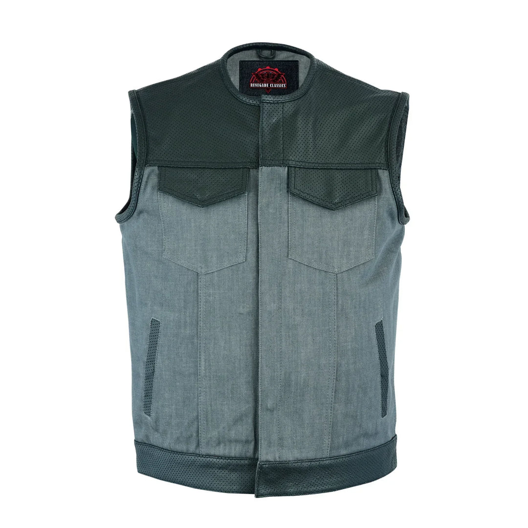 Edgeway Men's Leather & Denim Combo Motorcycle Vest (Black/Ash Gray)