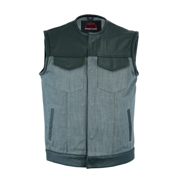 Edgeway Men's Leather & Denim Combo Motorcycle Vest (Black/Ash Gray)