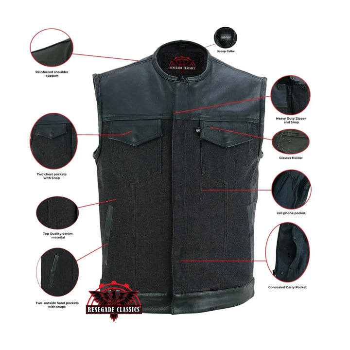 Blackfusion Men's Leather-Denim Combo Motorcycle Vest