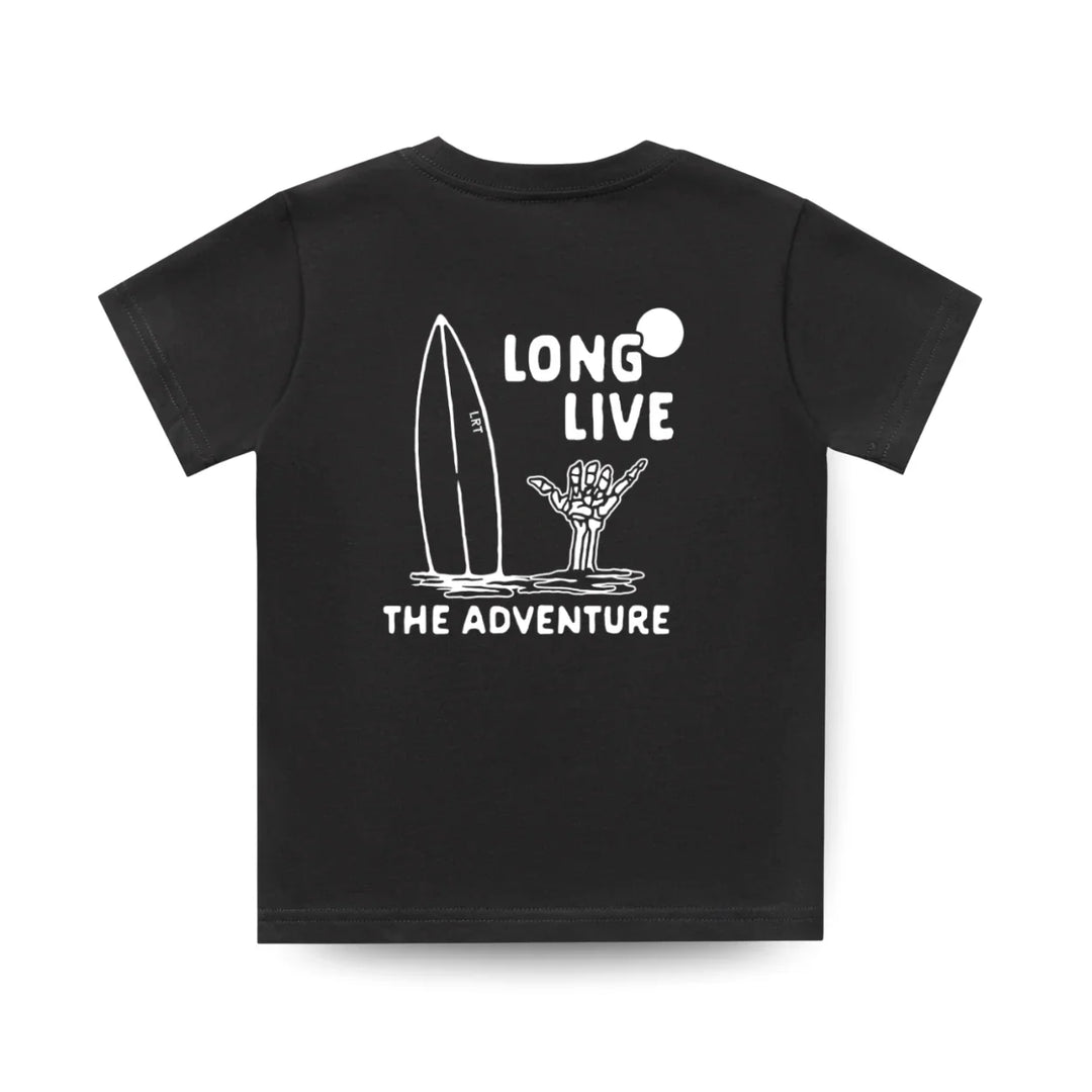 100% ORGANIC COTTON LONG LIVE THE ADVENTURE TEE - BLACK