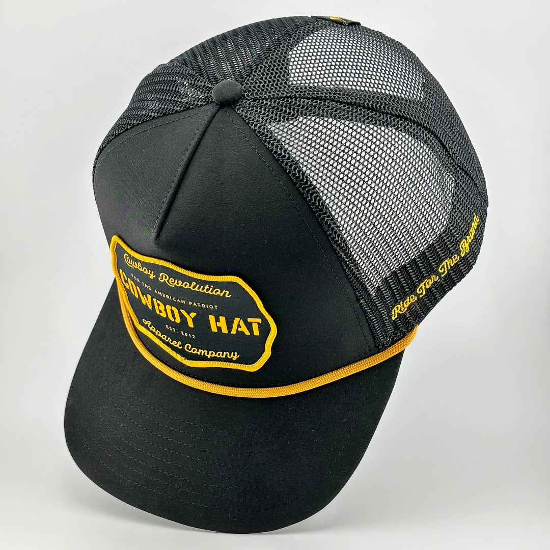 “Cowboy Hat” Patch Rope Trucker Hat - Black