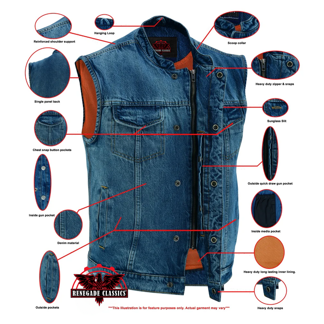 DM Men's Blue Denim Motorcycle Vest with Lace & Pockets