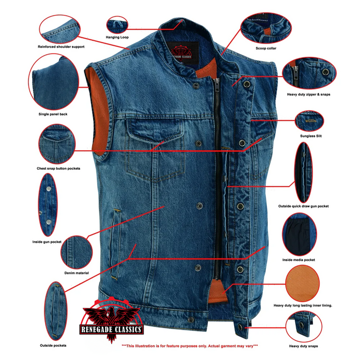 DM Men's Blue Denim Motorcycle Vest with Lace & Pockets