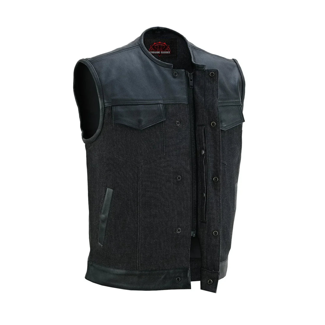 Blackfusion Men's Leather-Denim Combo Motorcycle Vest