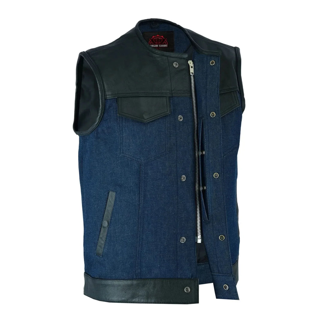 Blueburn Men's Leather & Denim Combo Motorcycle Vest (Black/Broken Blue)