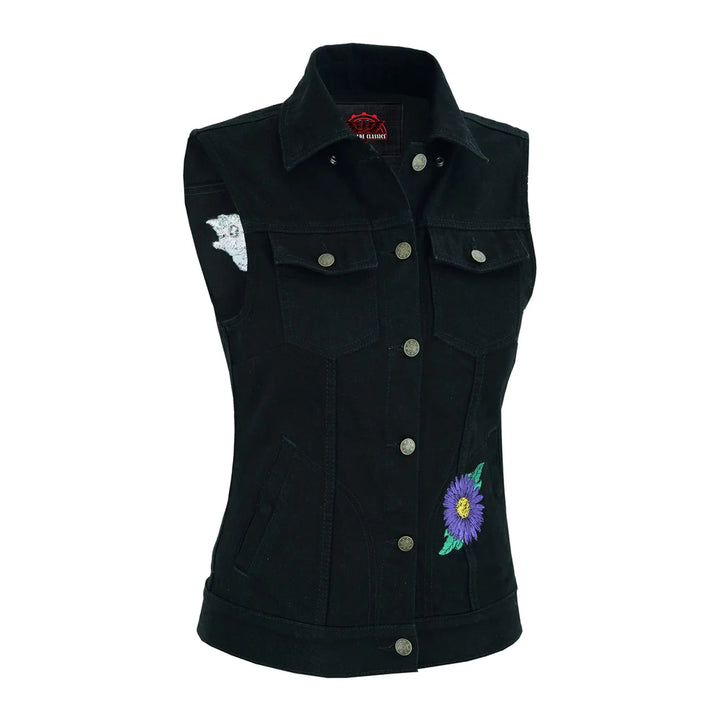 Purple Daisy Denim Snap Front Vest