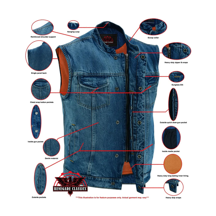 DM Men's Blue Denim Motorcycle Vest with Lace & Pockets