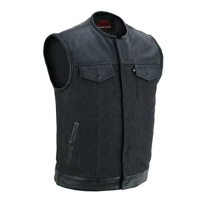 Blackfusion Men's Leather-Denim Combo Motorcycle Vest