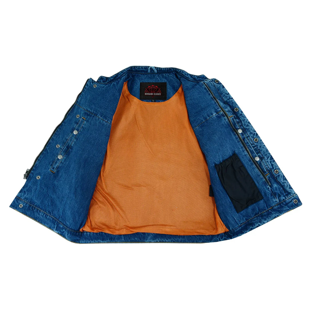 DM Men's Blue Denim Motorcycle Vest with Lace & Pockets