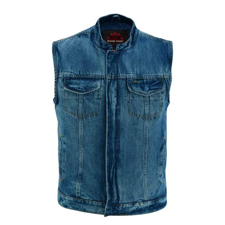 DM Men's Blue Denim Motorcycle Vest with Lace & Pockets