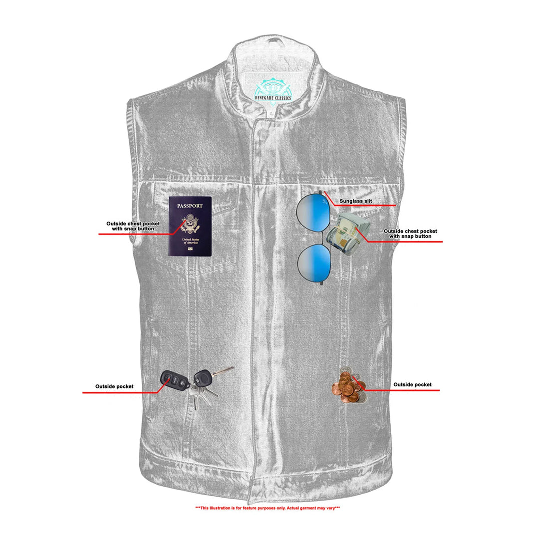 DM Men's Blue Denim Motorcycle Vest with Lace & Pockets