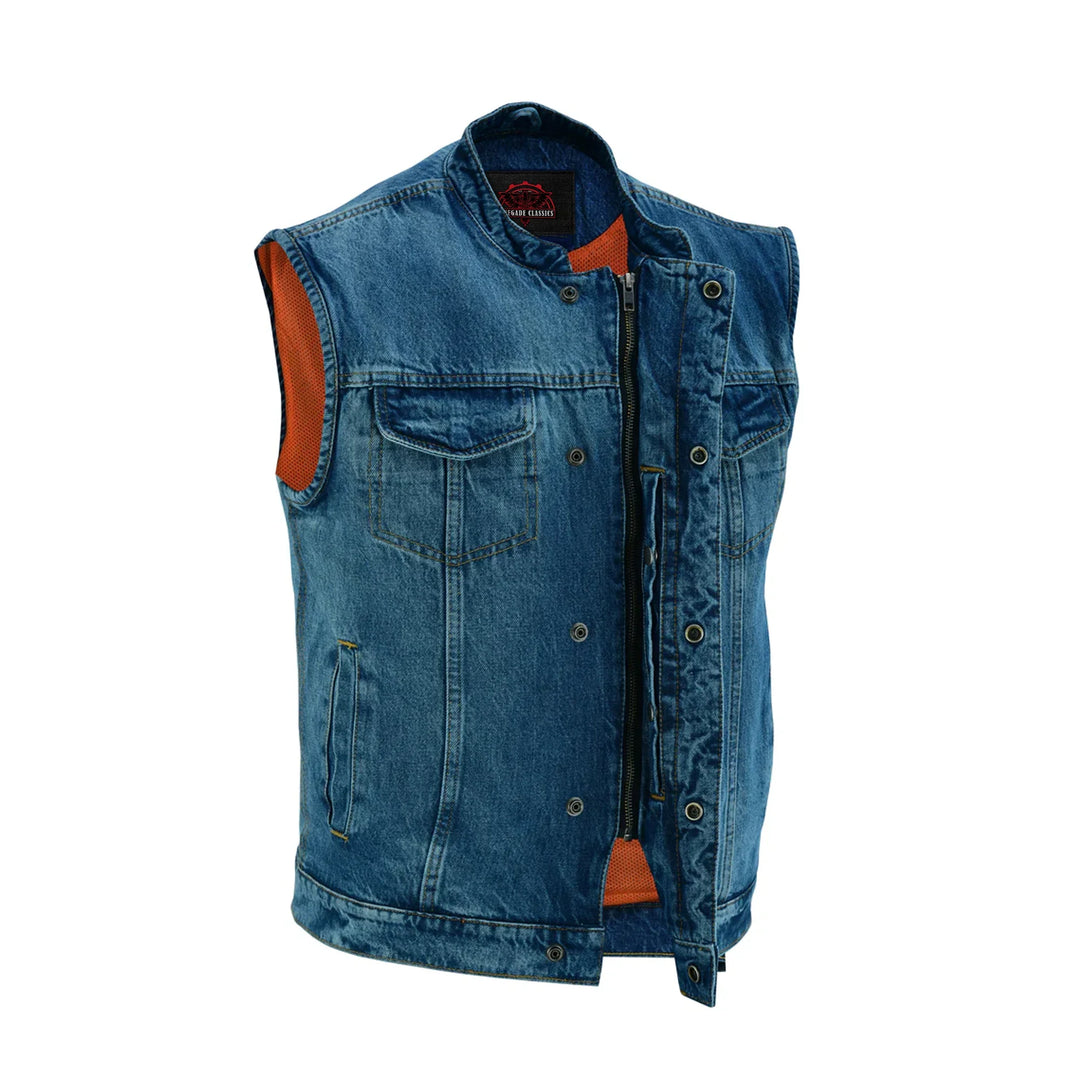DM Men's Blue Denim Motorcycle Vest with Lace & Pockets