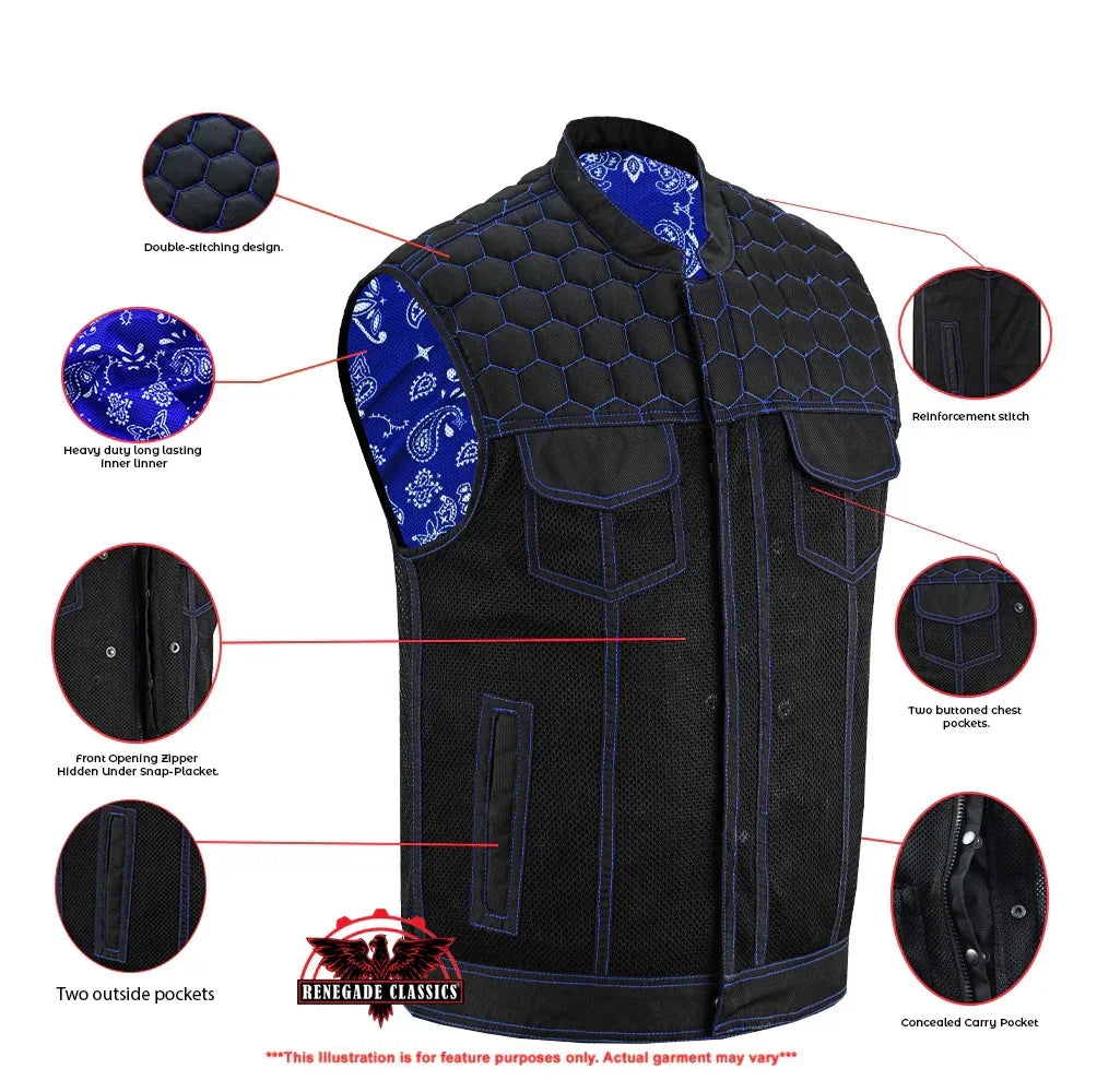 Blue Soul Men's Black Mesh Textile Vest with Blue Paisley Liner