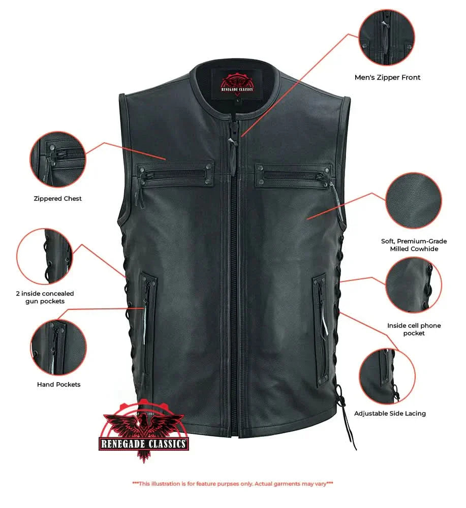 Men's Zipper Front Black Leather Motorcycle Vest