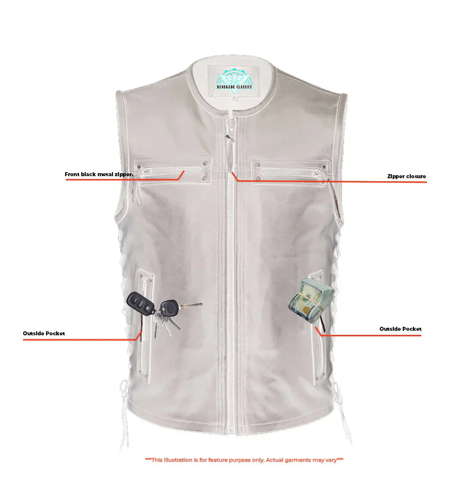 Men's Zipper Front Black Leather Motorcycle Vest