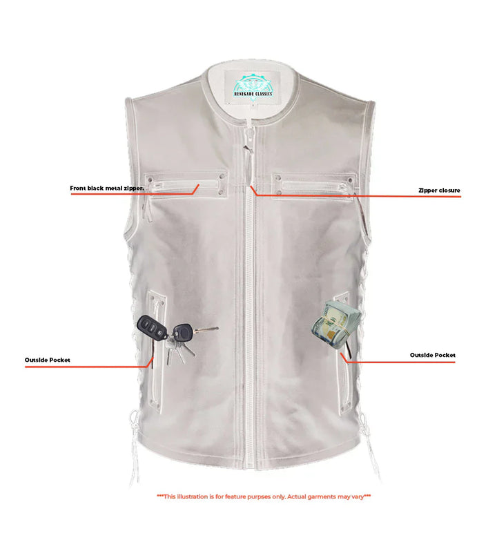 Men's Zipper Front Black Leather Motorcycle Vest