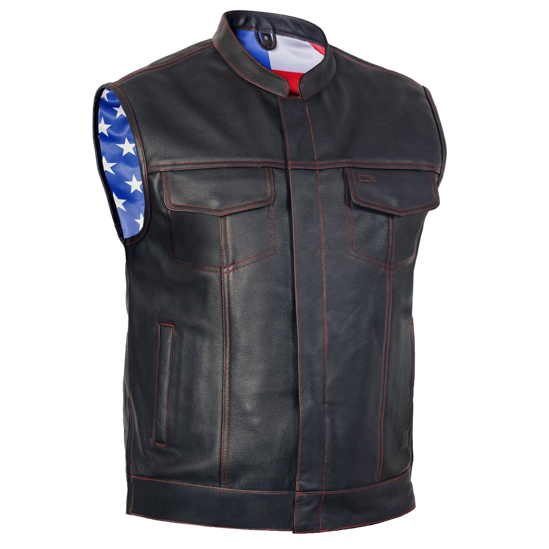 Mens's Leather Motorcycle Vest with Scoop Collar & USA Flag