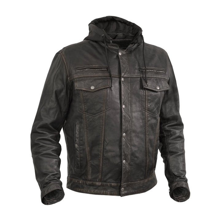 DS Men's Black Lightweight Drum Dyed  Distressed Lambskin Jacket with Removable Hoodie