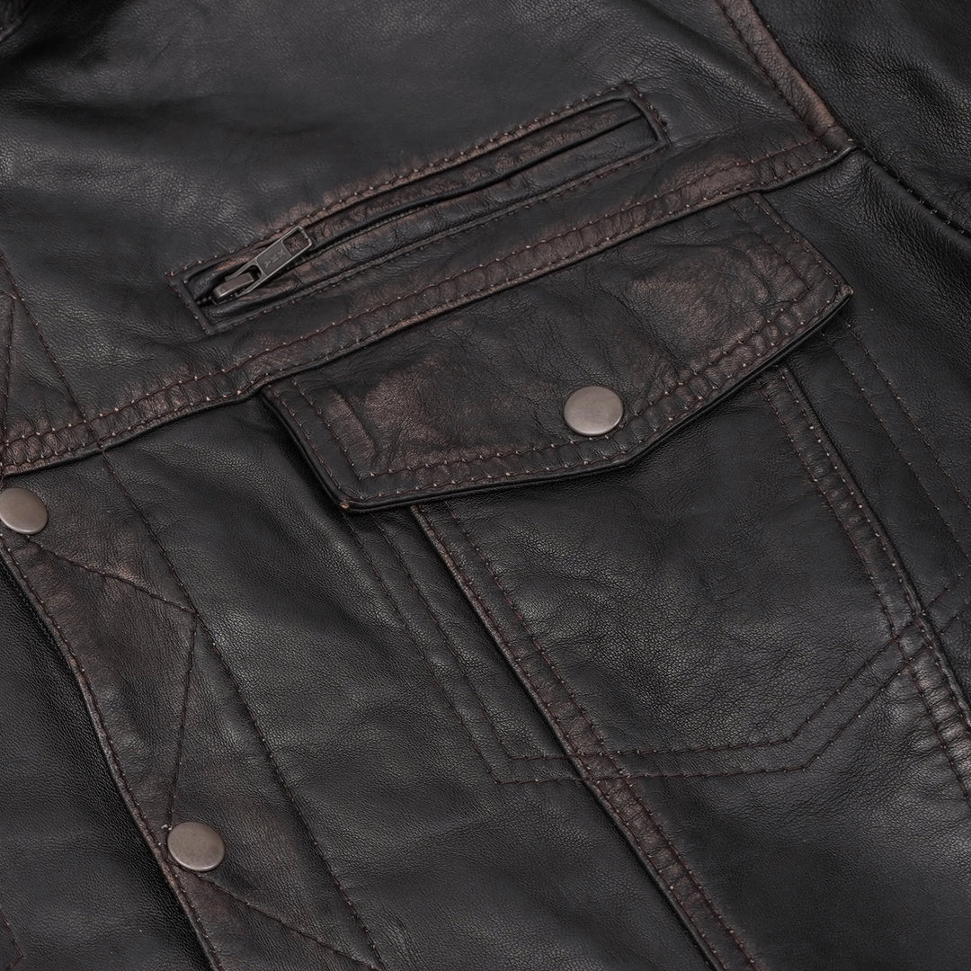 DS Men's Black Lightweight Drum Dyed  Distressed Lambskin Jacket with Removable Hoodie