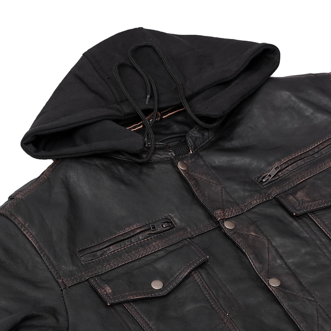 DS Men's Black Lightweight Drum Dyed  Distressed Lambskin Jacket with Removable Hoodie