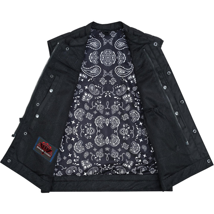 Mesh Rave Men's Black Mesh Textile Vest with Black Paisley Liner