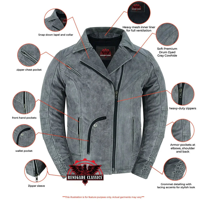 Frost Fury Women's Leather Biker Jacket – Gray