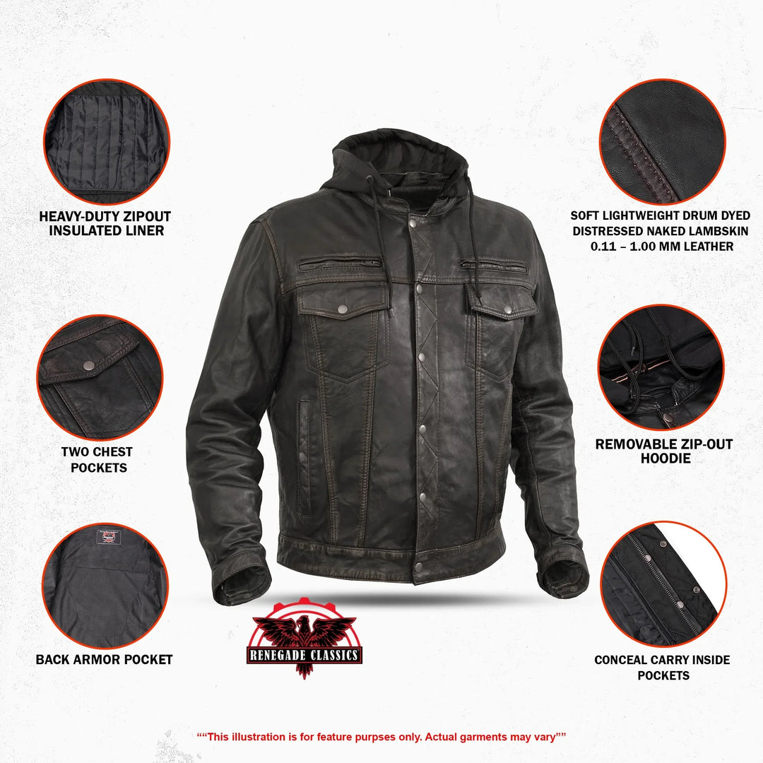 DS Men's Black Lightweight Drum Dyed  Distressed Lambskin Jacket with Removable Hoodie