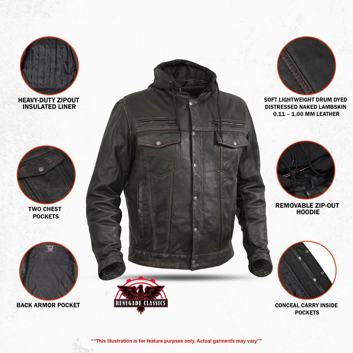 DS Men's Black Lightweight Drum Dyed  Distressed Lambskin Jacket with Removable Hoodie