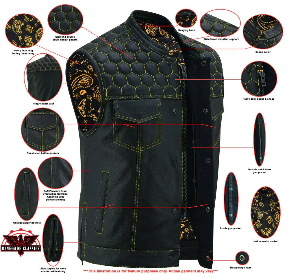 DS Men's Gold Rush Black Leather Vest - Yellow Stitching