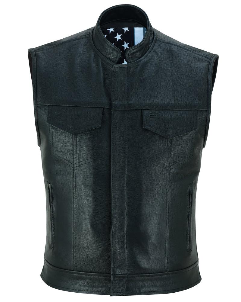 Black Rune Private Men's Black Leather Motorcycle Vest