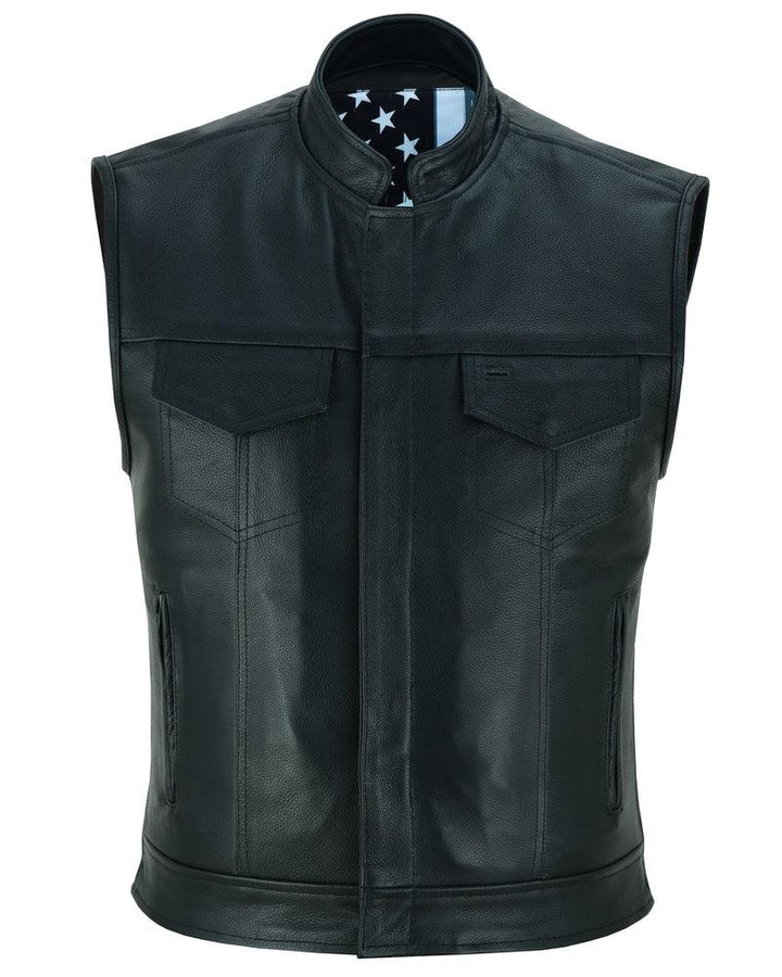 Black Rune Private Men's Black Leather Motorcycle Vest