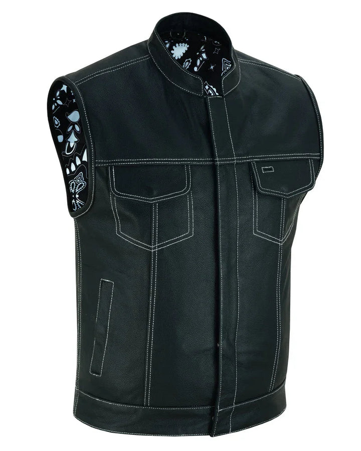 TonUp Men's Paisley Black Leather Motorcycle Vest