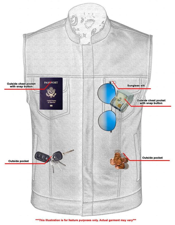 TonUp Men's Paisley Black Leather Motorcycle Vest