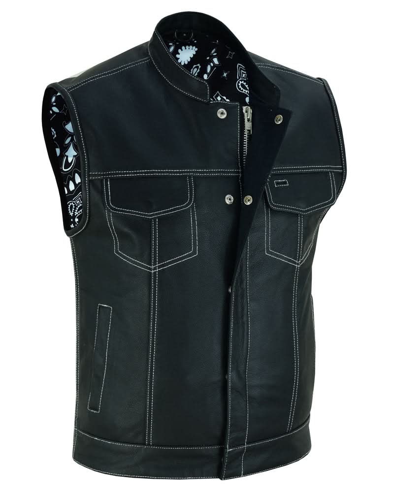 TonUp Men's Paisley Black Leather Motorcycle Vest