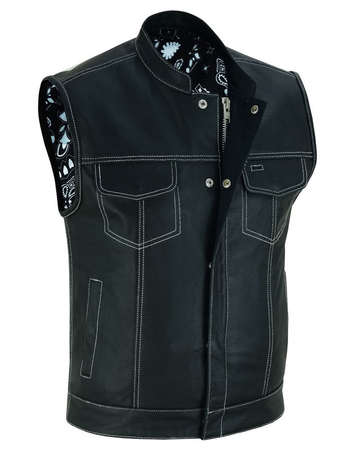 TonUp Men's Paisley Black Leather Motorcycle Vest