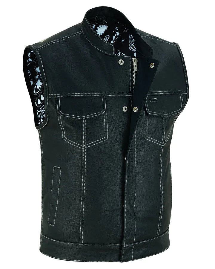 TonUp Men's Paisley Black Leather Motorcycle Vest