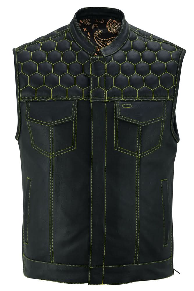 DS Men's Gold Rush Black Leather Vest - Yellow Stitching