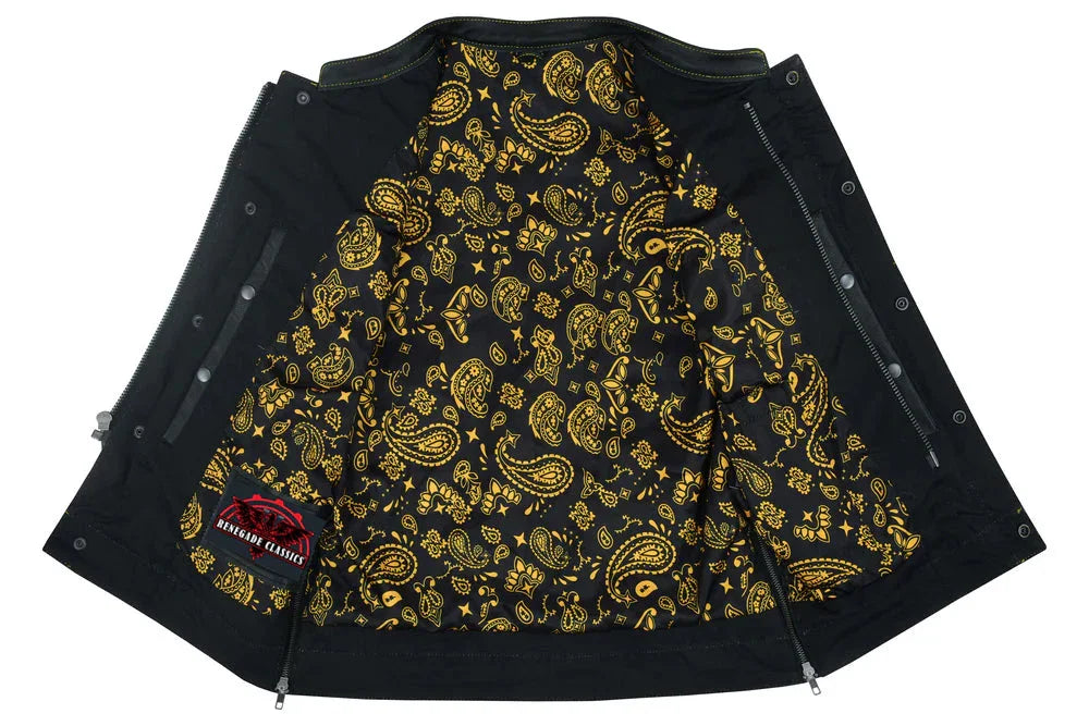 DS Men's Gold Rush Black Leather Vest - Yellow Stitching