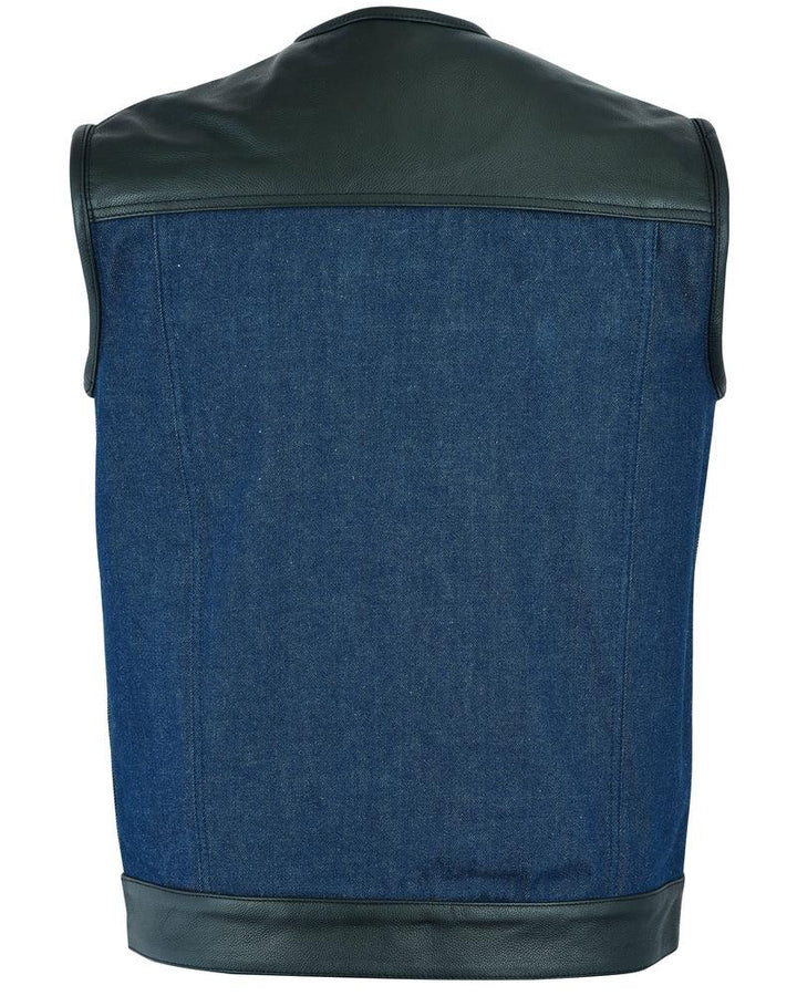 Blueburn Men's Leather & Denim Combo Motorcycle Vest (Black/Broken Blue)