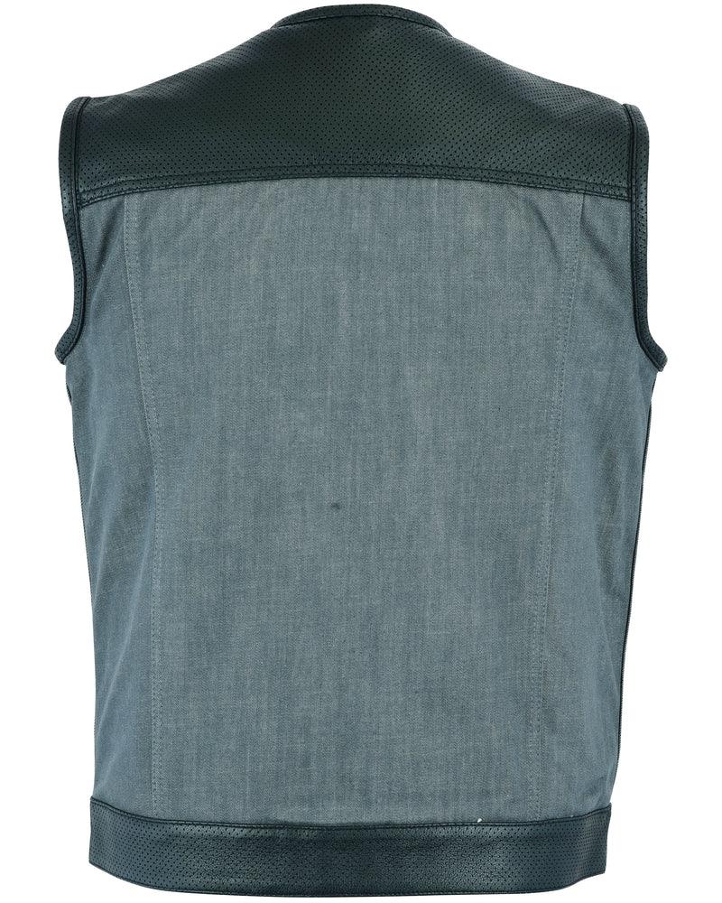 Edgeway Men's Leather & Denim Combo Motorcycle Vest (Black/Ash Gray)
