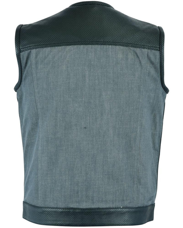 Edgeway Men's Leather & Denim Combo Motorcycle Vest (Black/Ash Gray)